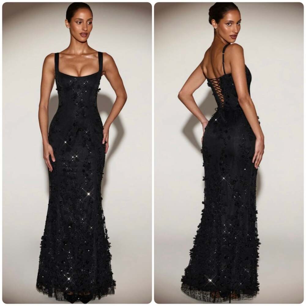 Oh Polly Vasanta Embellished Applique Soft-Scoop Corset Gown in Black size 2 New